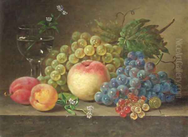 A still life with peaches and grapes on a ledge Oil Painting by Sebastiaan Theodorus Voorn Boers