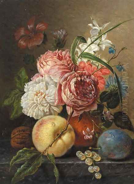 A still life with roses Oil Painting by Sebastiaan Theodorus Voorn Boers