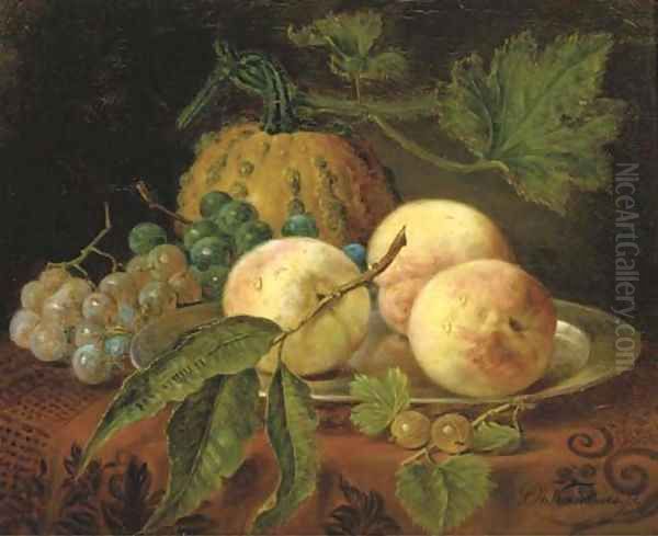 Peaches, grapes and a pumpkin on a table Oil Painting by Sebastiaan Theodorus Voorn Boers