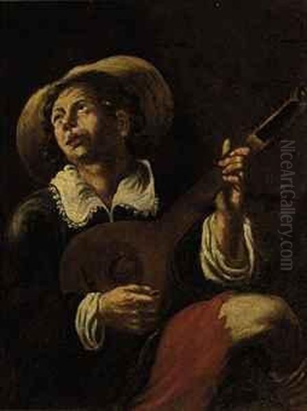 A Man Playing The Lute Oil Painting by Angelo Caroselli