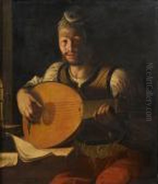 A Young Man Playing A Lute Bycandlelight Oil Painting by Angelo Caroselli