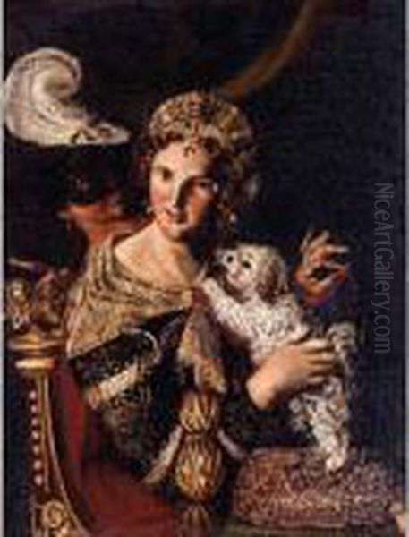 A Lady With Her Dog, An Allegory Oil Painting by Angelo Caroselli