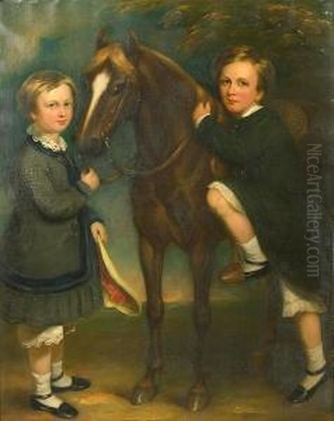 A Portrait Of Two Children With A Pony Oil Painting by Margaret Sarah Carpenter