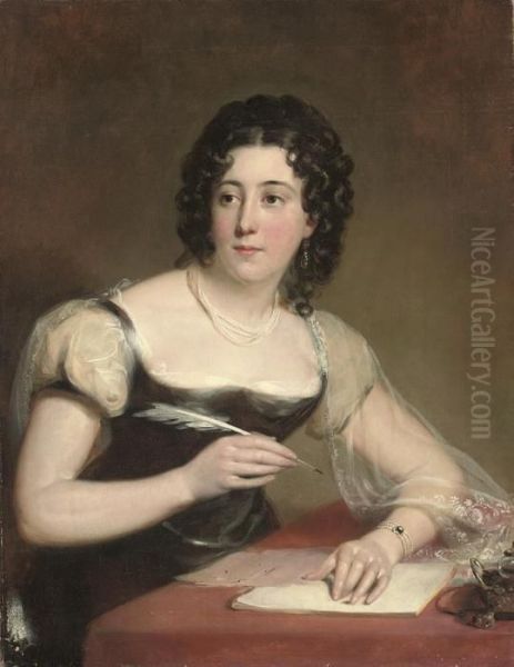 Portrait Of A Lady, Half-length, In A Black Dress, Writing A Letterat A Desk Oil Painting by Margaret Sarah Carpenter