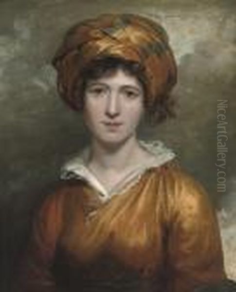 Portrait Of A Lady, Bust-length, In A Yellow Dress And Blue And Yellow Turban Oil Painting by Margaret Sarah Carpenter