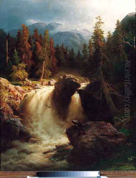 A waterfall in a mountainous wooded landscape Oil Painting by Wilhelm Brandenburg