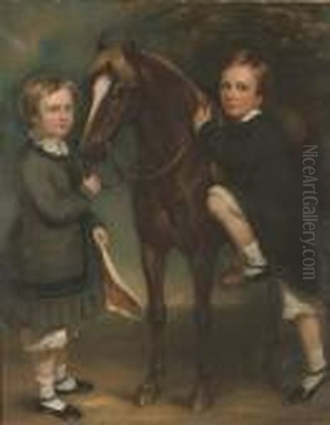 Double Portrait Of Two Children, Full-length, With A Pony Oil Painting by Margaret Sarah Carpenter