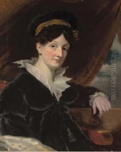 Portrait Of A Lady, Seated 
Half-length, In A Blue Dress, Her Leftarm Resting On A Ledge, Before A 
Curtain Oil Painting by Margaret Sarah Carpenter