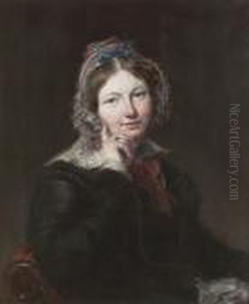 Portrait Of A Lady Half Length, Seated, Wearing A Black Dress With White Trim Oil Painting by Margaret Sarah Carpenter