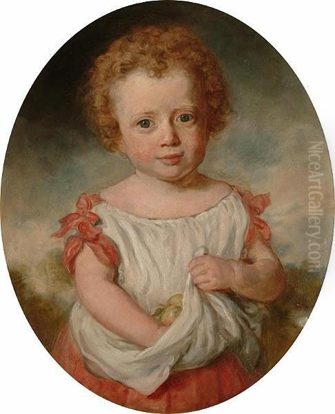 Portrait, Half Length Of A Child Holding Apples In Her Apron Oil Painting by Margaret Sarah Carpenter