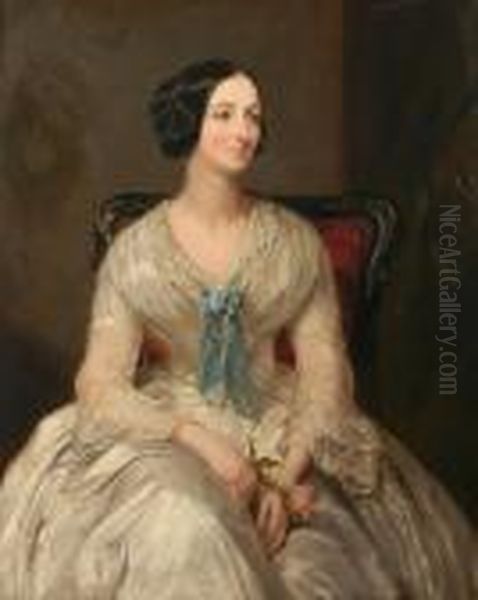 A Portrait Of Mrs Simpson As A 
Young Woman, Seated Three-quarter Length In White Gown And Holding A 
Rose Oil Painting by Margaret Sarah Carpenter