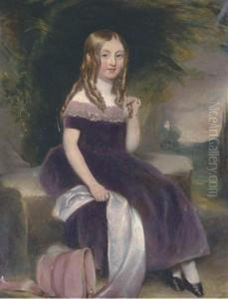 Portrait Of A Girl, Seated Full-length, Wearing A Purple Dress, Ina Landscape Oil Painting by Margaret Sarah Carpenter