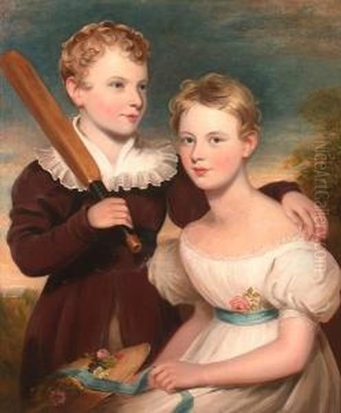 *ortrait, Half Length Of A Young
 Boy Holding A Cricket Bat And A Seated Young Lady In A Landscape Oil Painting by Margaret Sarah Carpenter