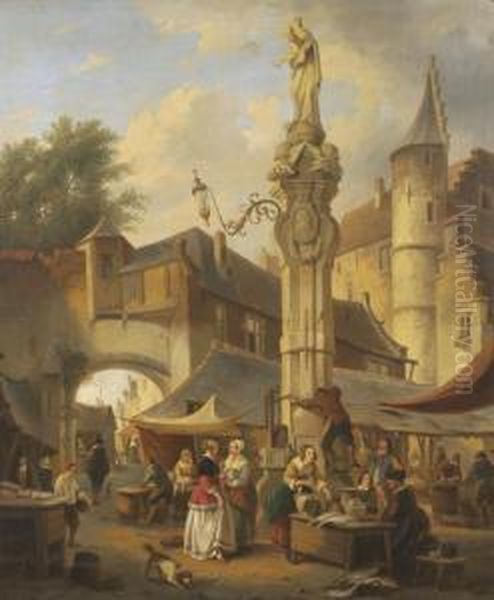 Europeanmarket Scene With Numerous Figures About A City Square. Oil Painting by Henri Jos. Gommarus Carpentero