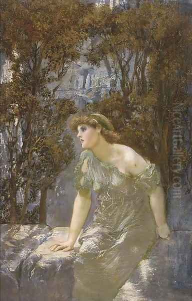 A maiden seated on a wall Oil Painting by William Edward Frank Britten