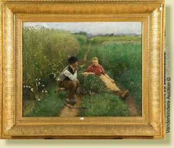 Le Repos Des Jeunes Paysans Oil Painting by Evariste Carpentier