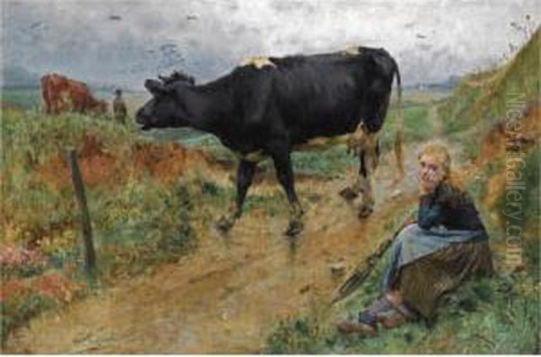 A Shepherdess And Her Cow Oil Painting by Evariste Carpentier