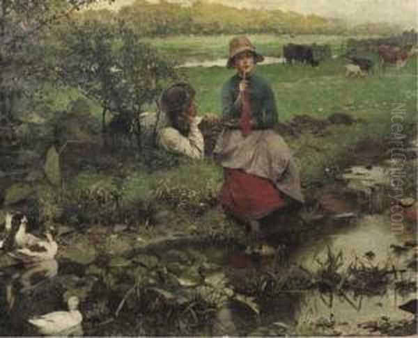 Aux Bords Du Ruisseau: Romance By A Brook Oil Painting by Evariste Carpentier