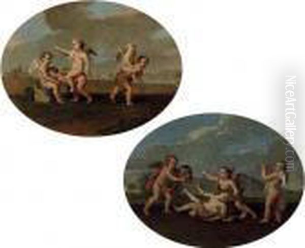 Putti Playing Piggy-back-ride In
 A Landscape; And Putti Playing With A Mask And Playing The Trumpet Oil Painting by Giulio Carpione