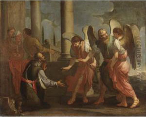 Abramo E I Tre Angeli Oil Painting by Giulio Carpione