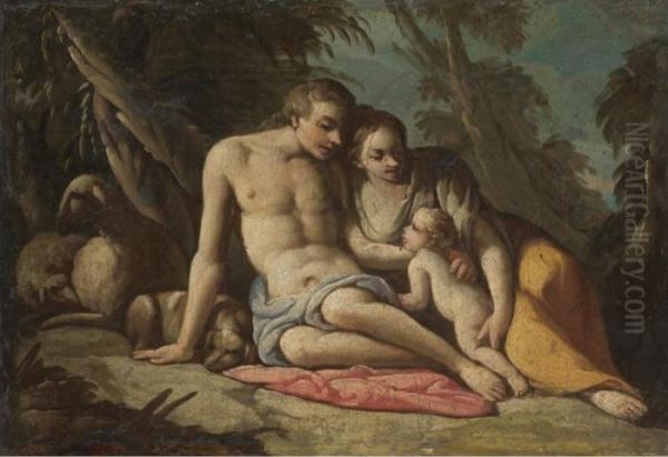 A Shepherd Family Resting In A Wooded Landscape Oil Painting by Giulio Carpione