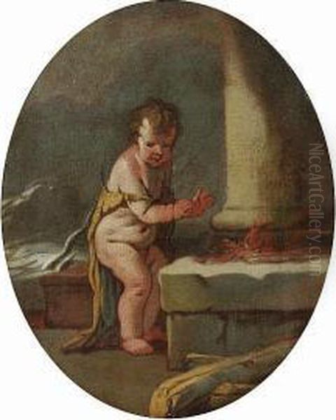 The Infant Pluto Warming His Hands At A Brazier - An Allegory Of Winter Oil Painting by Giulio Carpione