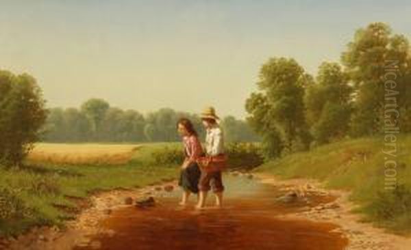 Crossing The Stream Oil Painting by Samuel S. Carr