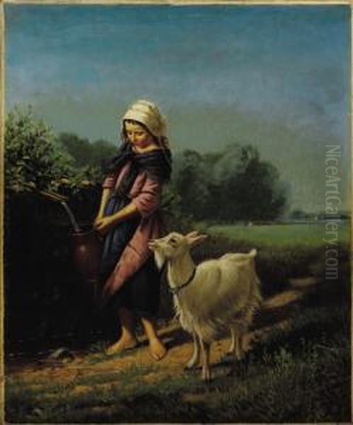 Girl Fetching Water With Goat Oil Painting by Samuel S. Carr