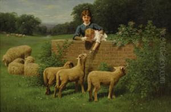 Child Feeding The Sheep Oil Painting by Samuel S. Carr