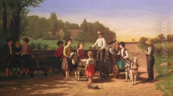 Children With Goat Carts Oil Painting by Samuel S. Carr