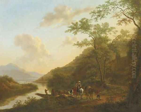 An Italianate river landscape with travellers by a ferry Oil Painting by Jan Dirksz. Both