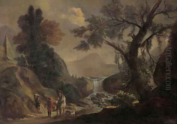 Falconers and a traveller on a path, by a torrent landscape Oil Painting by Jan Frans Bredael