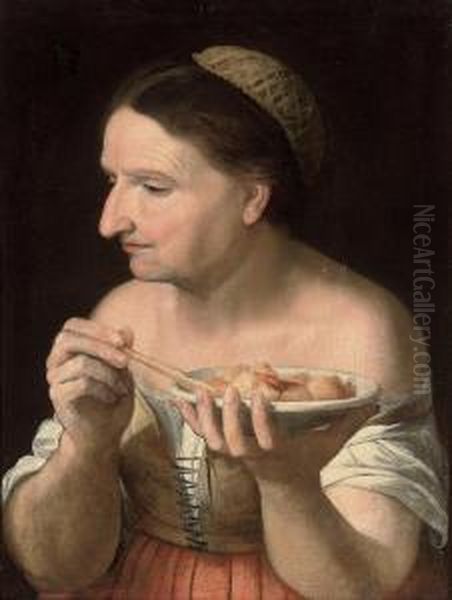 A Peasant Woman Eating Oil Painting by Agostino Carracci