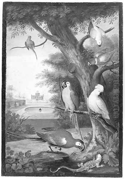 Parrots and a Lizard in a palatial Garden Oil Painting by Johannes Bronkhorst