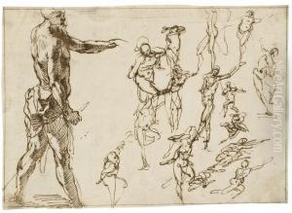 A Standing Man In Profile 
Holding A Spear, With Smaller, Rapidlystudied Nude Figures To The Right Oil Painting by Agostino Carracci