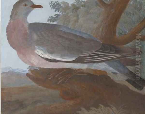 A wood pigeon on a tree stump, an extensive landscape beyond Oil Painting by Johannes Bronkhorst