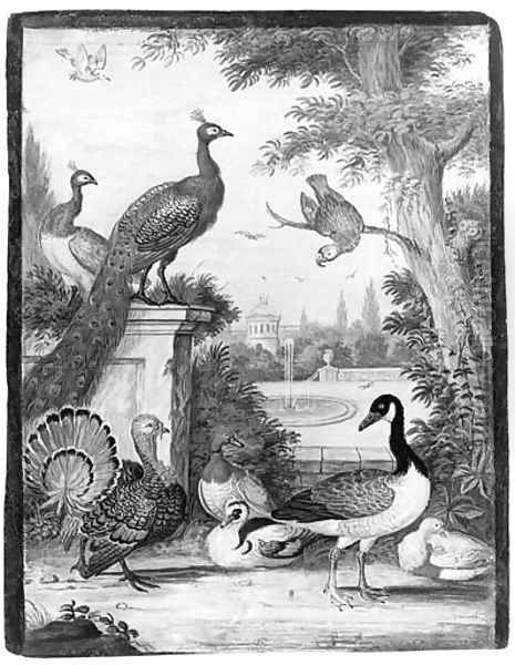 Peacocks, a Parrot, a Goose, a Turkey, Ducks and another Bird in a palatial Garden Oil Painting by Johannes Bronkhorst