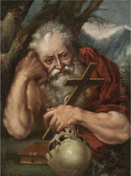 Saint Jerome Meditating Before A Crucifix And A Skull Oil Painting by Agostino Carracci