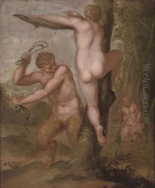 A Satyr Whipping A Nymph Oil Painting by Agostino Carracci