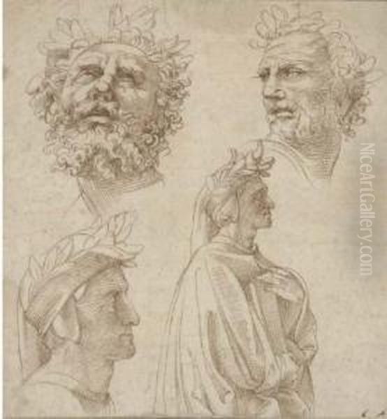 Four Classical Males Heads Oil Painting by Agostino Carracci