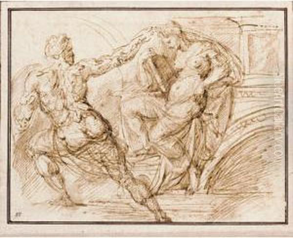 A Sheet Of Studies: A Male Nude Seen From Behind, And A Sibyl Oil Painting by Agostino Carracci