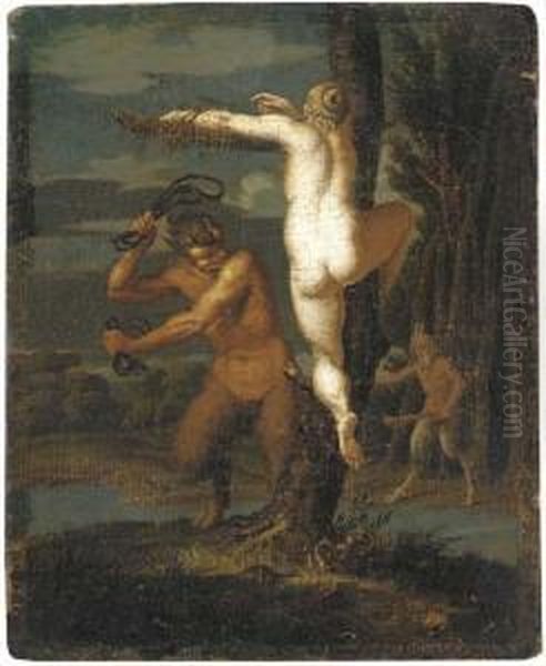 A Satyr Flogging A Nymph Oil Painting by Agostino Carracci