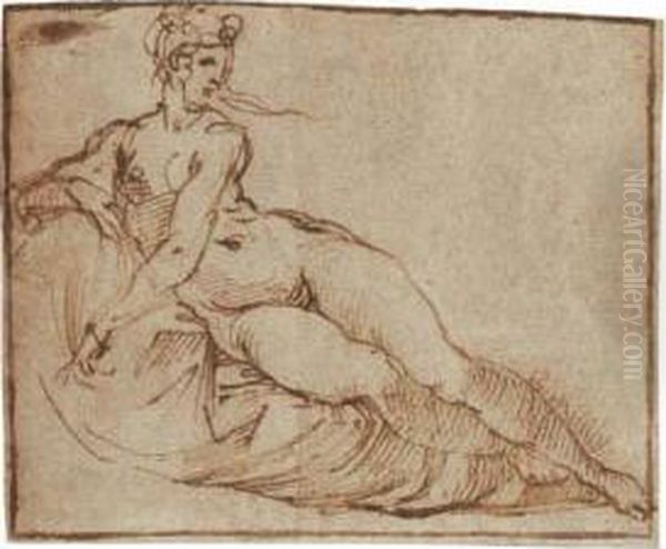 A Female Nude Reclining Oil Painting by Agostino Carracci