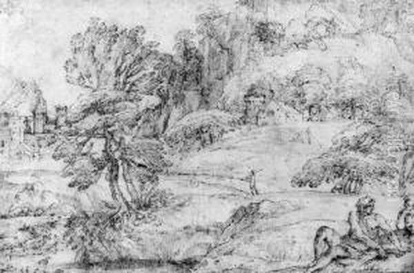 An Extensive Mountainous 
Landscape With Two Figures In Theforeground And A Castle By A River Oil Painting by Agostino Carracci