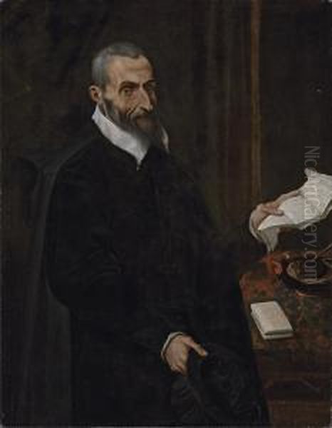 Portrait Of A Gentleman, 
Possibly Manuzio De Manuzzi,three-quarter-length, Holding A Letter With 
Quills, Ink And Anenvelope On A Carpet-covered Table Oil Painting by Lodovico Carracci