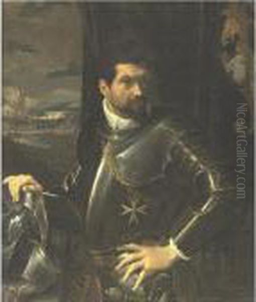 Portrait Of Carlo Alberto Rati 
Opizzoni In Armour, Three-quarter Length Standing, Wearing The Order Of 
The Knights Of Malta, A View Of The City Of Bologna Beyond Oil Painting by Lodovico Carracci