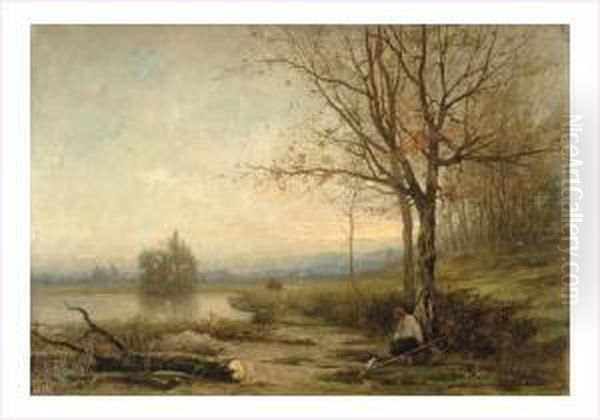 Le Repos Du Paysan Pres De La Piece D'eau Oil Painting by Louis Hilaire Carrand