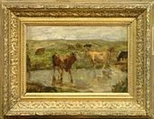 Vaches Au Point D'eau Oil Painting by Louis Hilaire Carrand