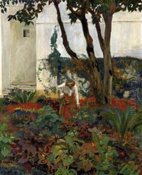 Ketty Carre Dans Le Jardin De La Villa Abd-el-tif Oil Painting by Leon Carre