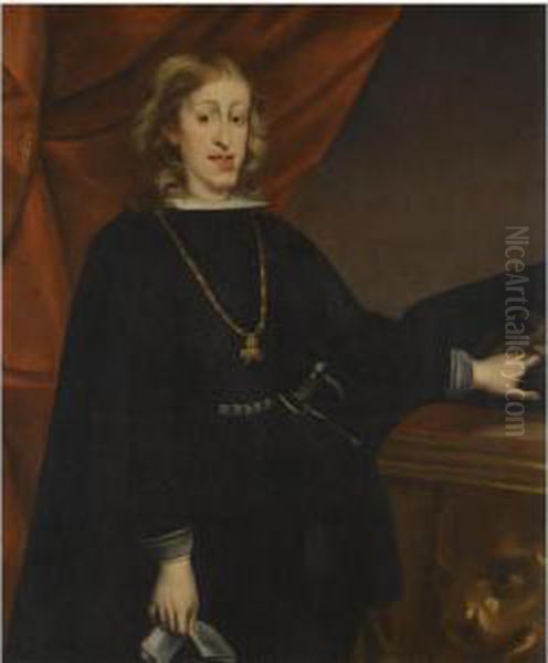 Portrait Of Charles Ii Of Spain, Three Quarter Length, Standing Inan Interior Oil Painting by Juan Carreno De Miranda